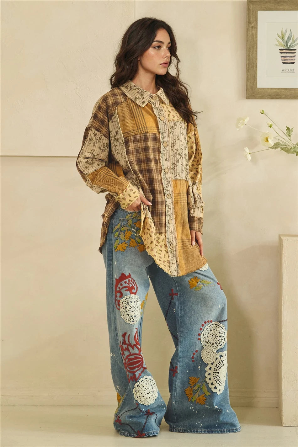 Patchwork Floral & Plaid Shacket | Oversized Raw Edge Button-Up Jacket for Women