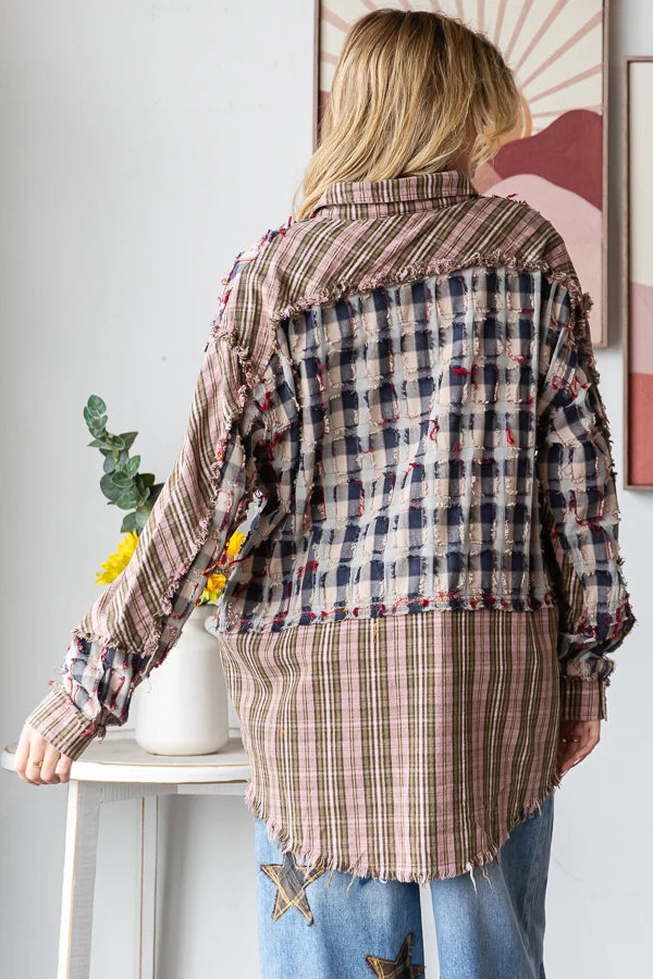 Washed Plaid Distressed Button Down Shirt with Mineral Wash Patchwork Detail & Oversized Fit