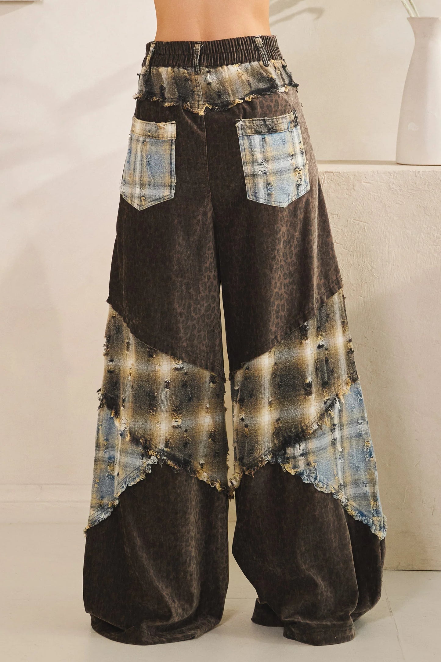 Washed Plaid Leopard Patchwork Pants with Elastic Waist & Mixed Media Detail