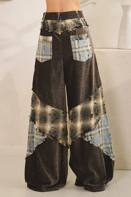 Washed Plaid Leopard Patchwork Pants with Elastic Waist & Mixed Media Detail