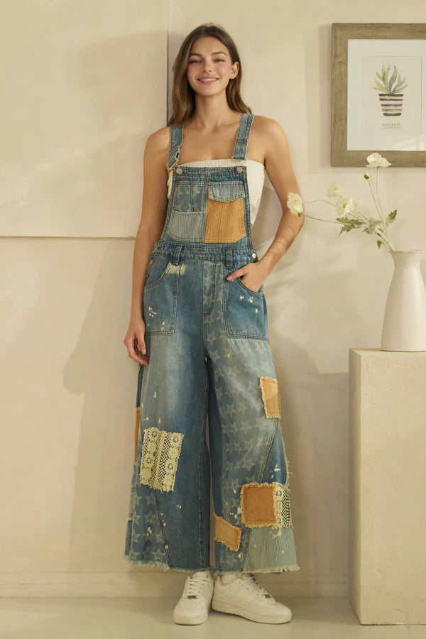 Mineral Washed Multi Patch Denim Overalls – Relaxed Fit Vintage Inspired