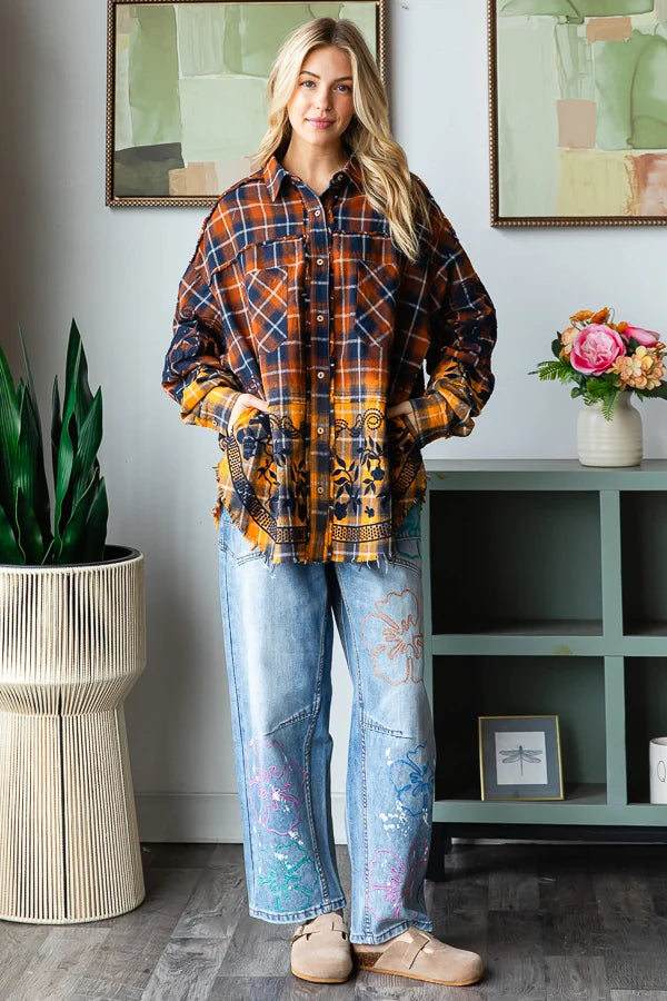 Mixed Flannel Ombre Shirt with Embroidered Floral Details | Raw Edge Button-Up for Women
