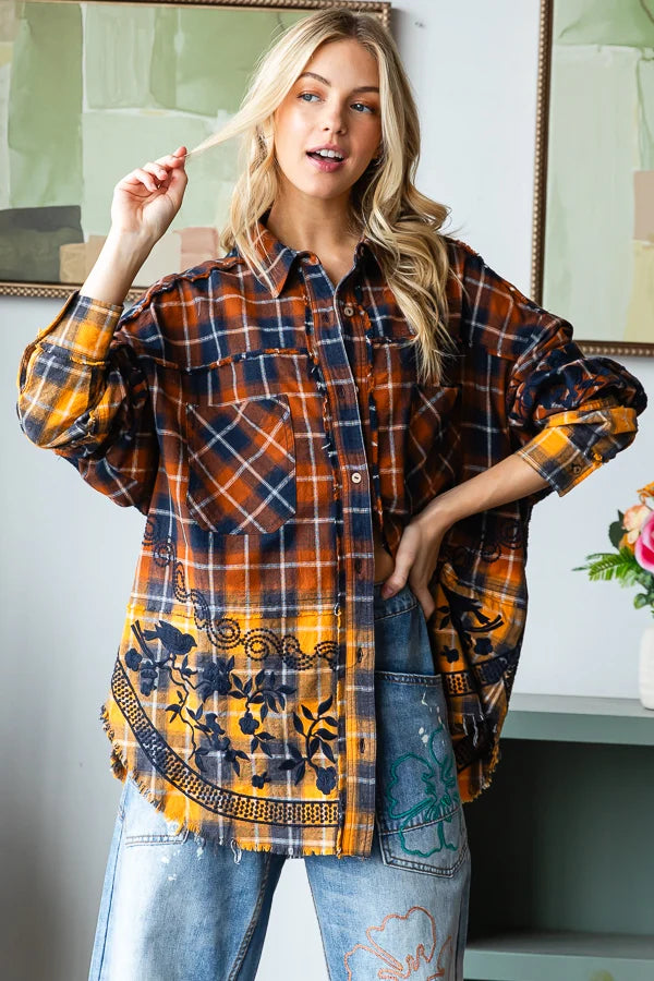 Mixed Flannel Ombre Shirt with Embroidered Floral Details | Raw Edge Button-Up for Women