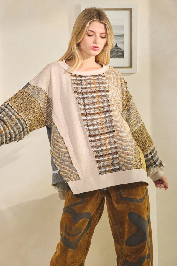 Mixed Print Plaid Panel Pullover Sweater | Tan Patchwork Casual Top for Women