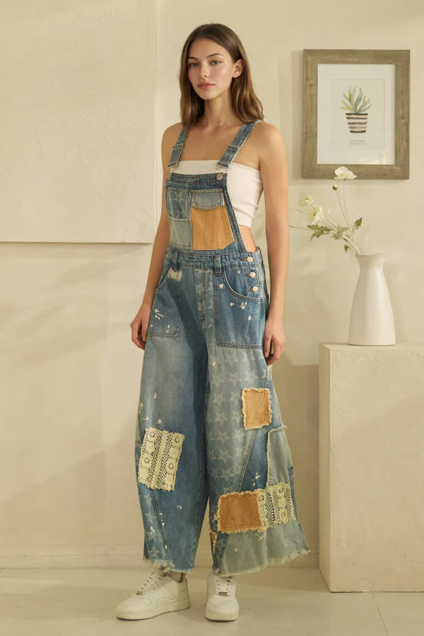 Mineral Washed Multi Patch Denim Overalls – Relaxed Fit Vintage Inspired