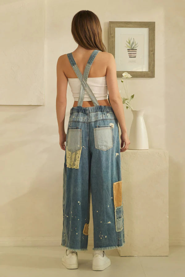 Mineral Washed Multi Patch Denim Overalls – Relaxed Fit Vintage Inspired