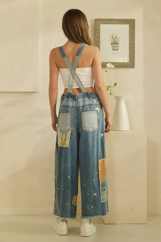 Mineral Washed Multi Patch Denim Overalls – Relaxed Fit Vintage Inspired