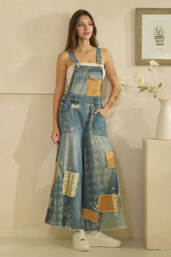Mineral Washed Multi Patch Denim Overalls – Relaxed Fit Vintage Inspired