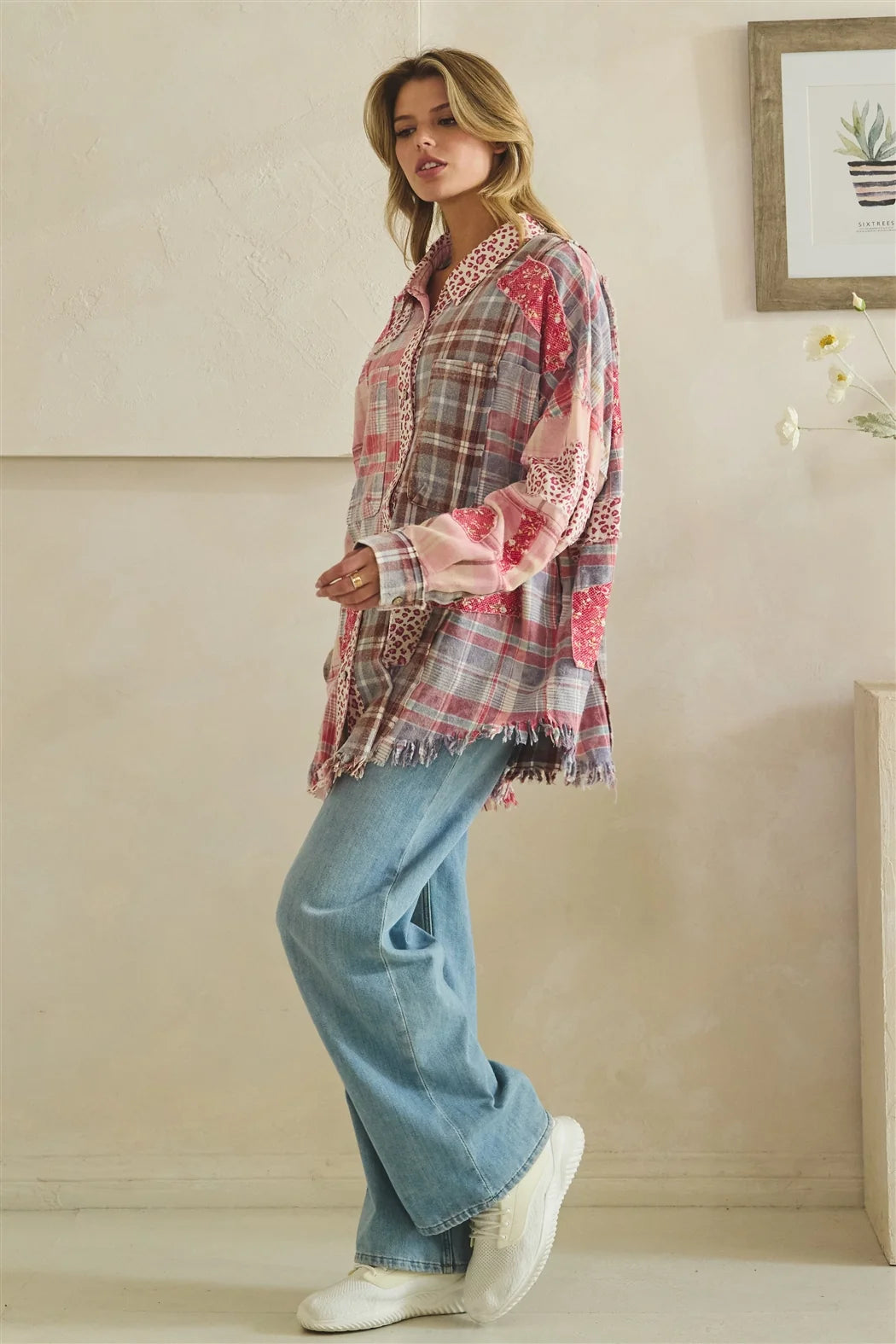 Distressed Patchwork Plaid & Leopard Print Top | Women's Mixed Print Boutique Shirt