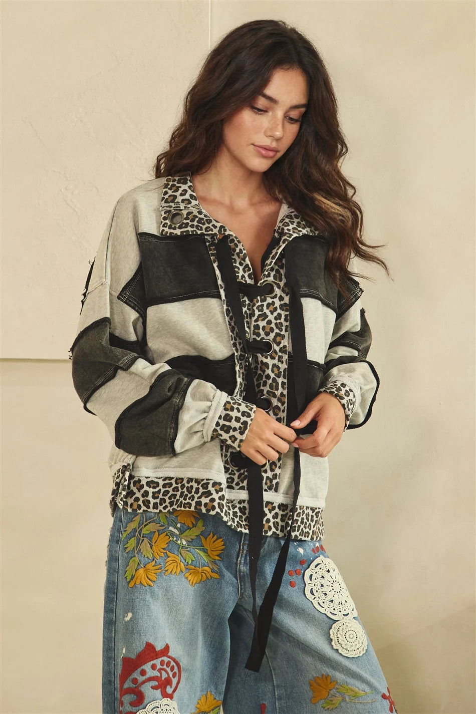 Oversized Black & Grey Striped Animal Print Lace-Up Top | Mixed Print Boutique Pullover