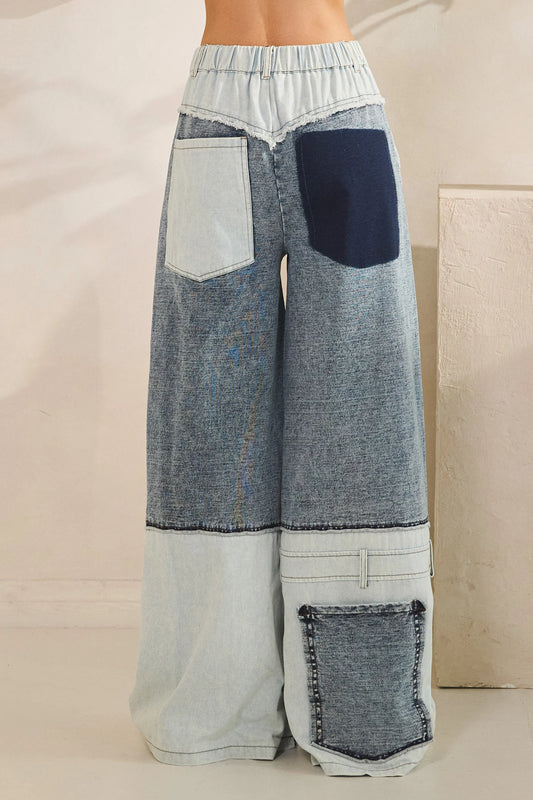 Mineral Washed Contrast Denim Mix Baggy Straight Jeans – Relaxed Fit Casual Denim