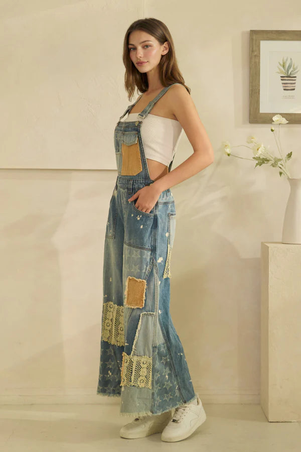 Mineral Washed Multi Patch Denim Overalls – Relaxed Fit Vintage Inspired