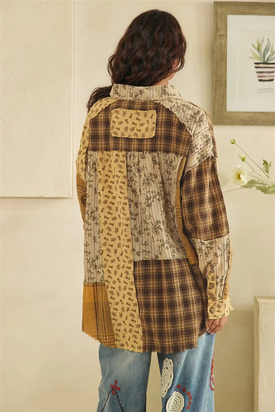 Patchwork Floral & Plaid Shacket | Oversized Raw Edge Button-Up Jacket for Women