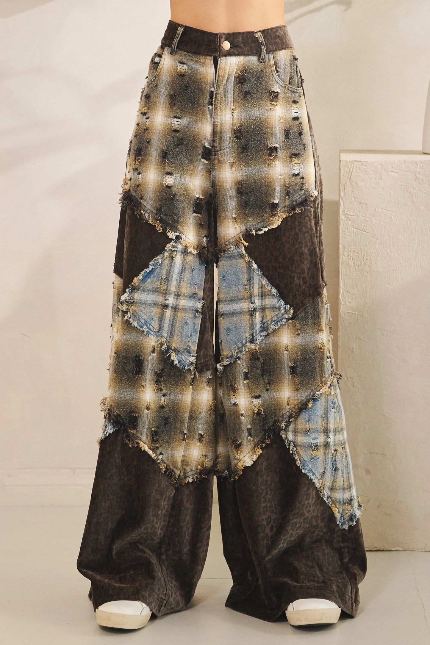 Washed Plaid Leopard Patchwork Pants with Elastic Waist & Mixed Media Detail