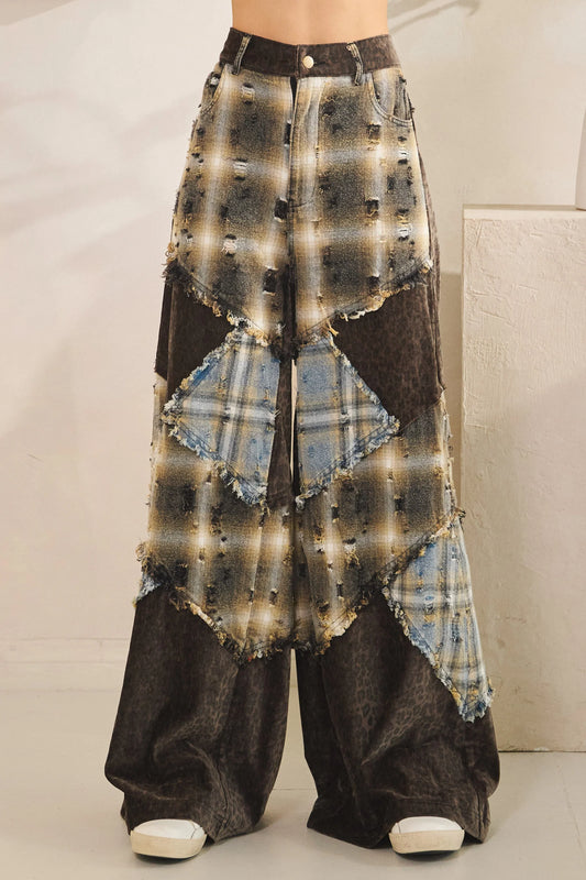 Washed Plaid Leopard Patchwork Pants with Elastic Waist & Mixed Media Detail