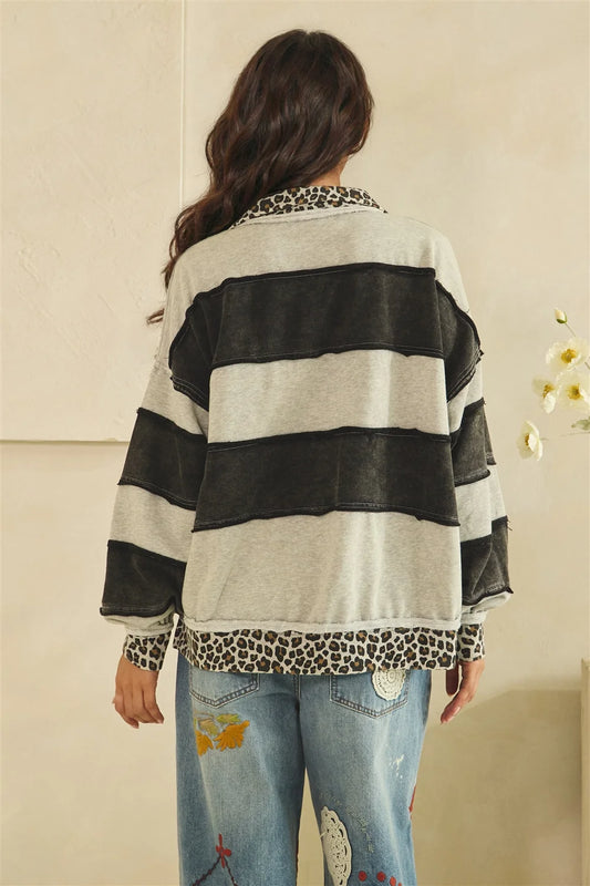 Oversized Black & Grey Striped Animal Print Lace-Up Top | Mixed Print Boutique Pullover