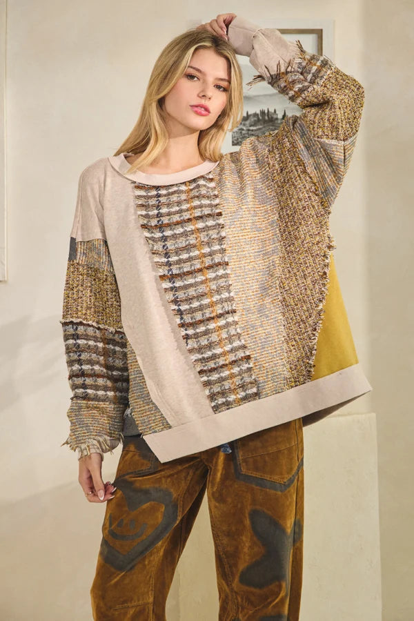 Mixed Print Plaid Panel Pullover Sweater | Tan Patchwork Casual Top for Women