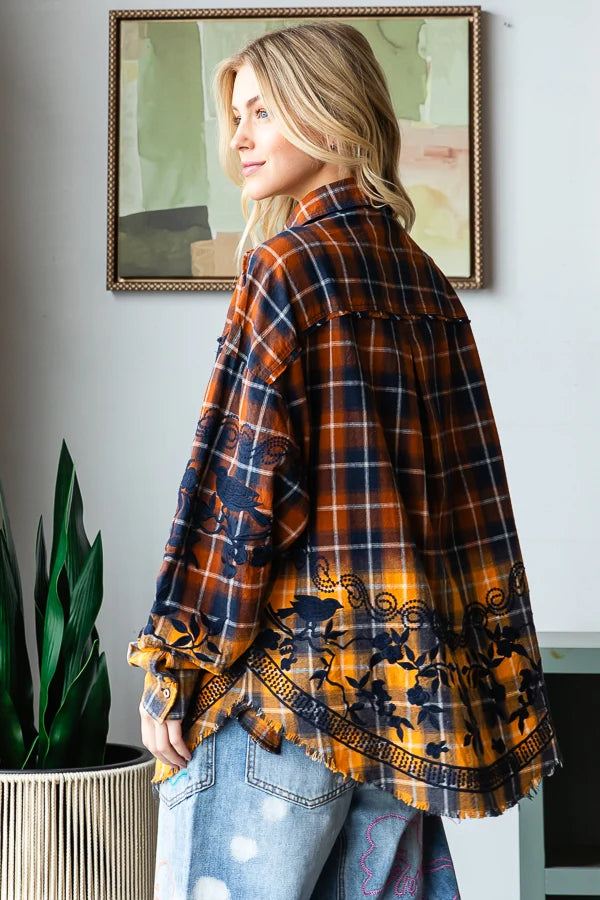 Mixed Flannel Ombre Shirt with Embroidered Floral Details | Raw Edge Button-Up for Women