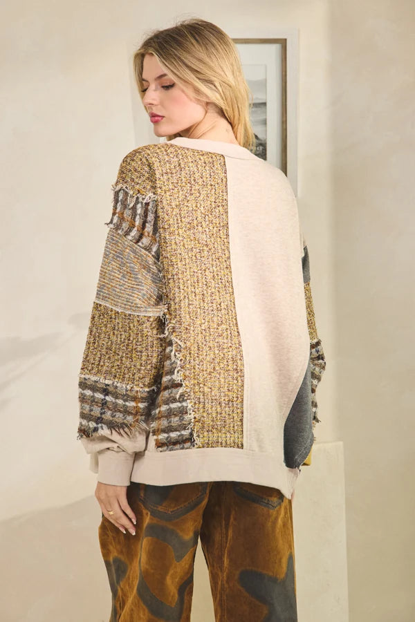 Mixed Print Plaid Panel Pullover Sweater | Tan Patchwork Casual Top for Women