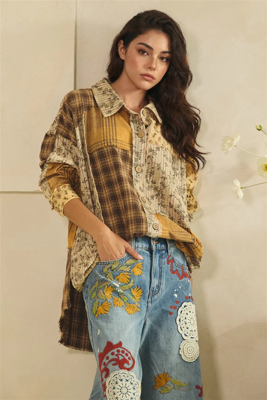 Patchwork Floral & Plaid Shacket | Oversized Raw Edge Button-Up Jacket for Women