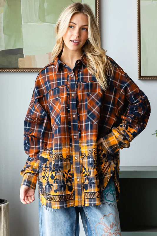 Mixed Flannel Ombre Shirt with Embroidered Floral Details | Raw Edge Button-Up for Women
