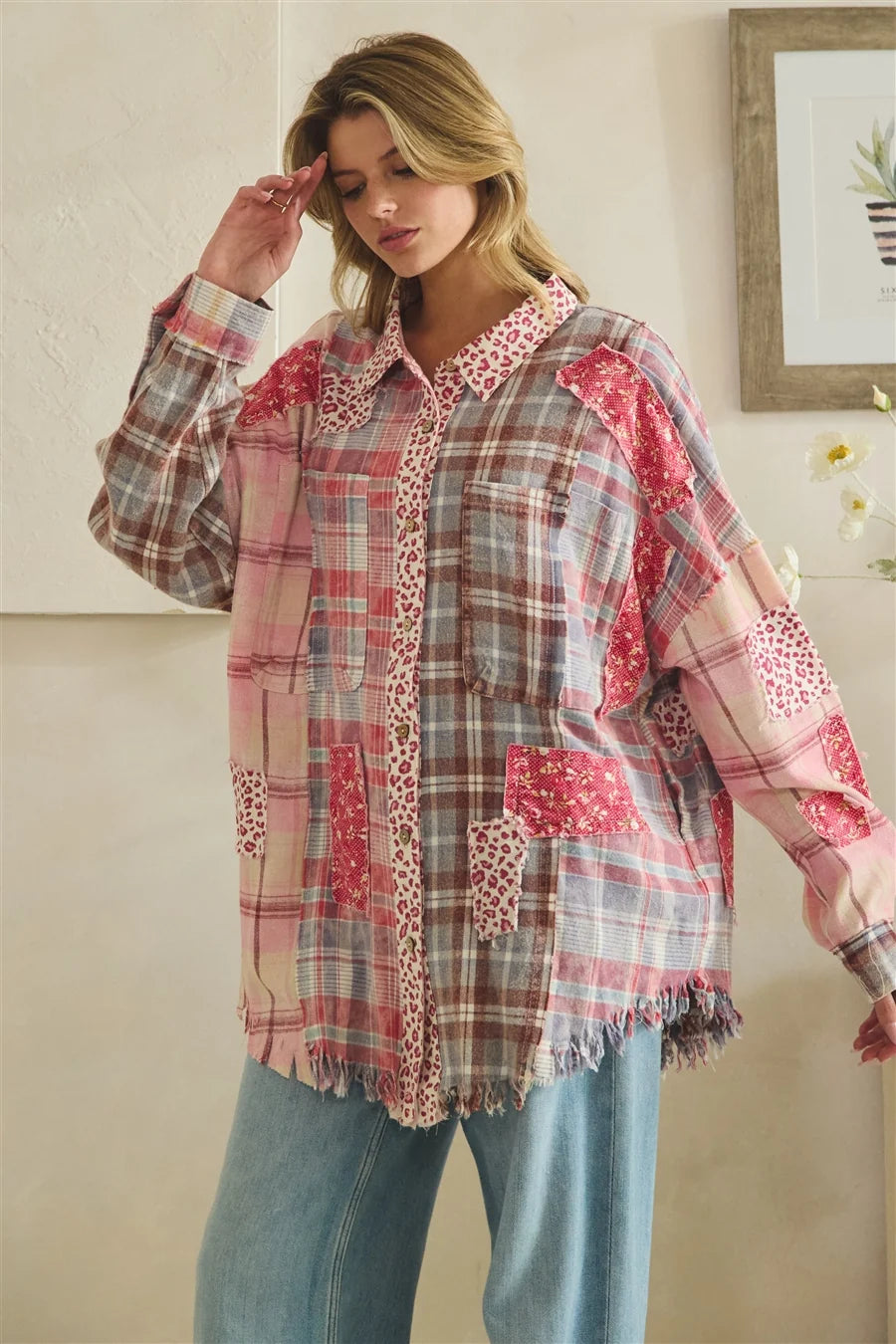 Distressed Patchwork Plaid & Leopard Print Top | Women's Mixed Print Boutique Shirt