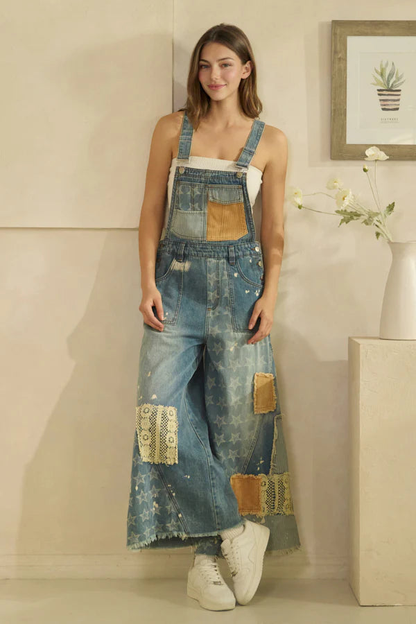 Mineral Washed Multi Patch Denim Overalls – Relaxed Fit Vintage Inspired