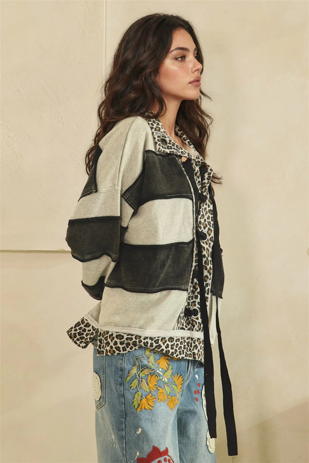 Oversized Black & Grey Striped Animal Print Lace-Up Top | Mixed Print Boutique Pullover