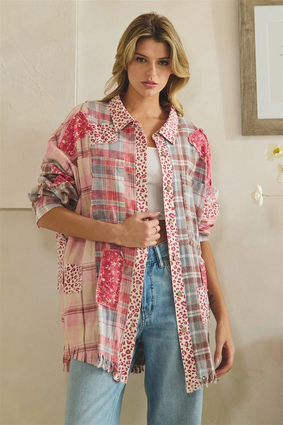 Distressed Patchwork Plaid & Leopard Print Top | Women's Mixed Print Boutique Shirt