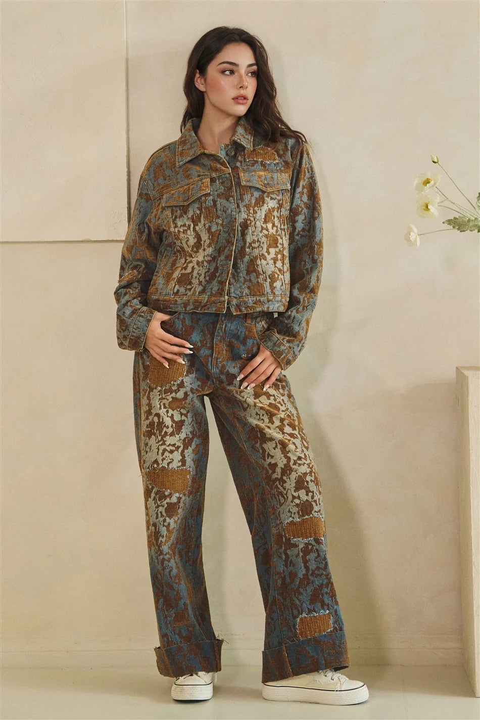 Burn Out Distressed Wide Leg Brown Denim Pants with Mineral Wash Detail & Elastic Waist