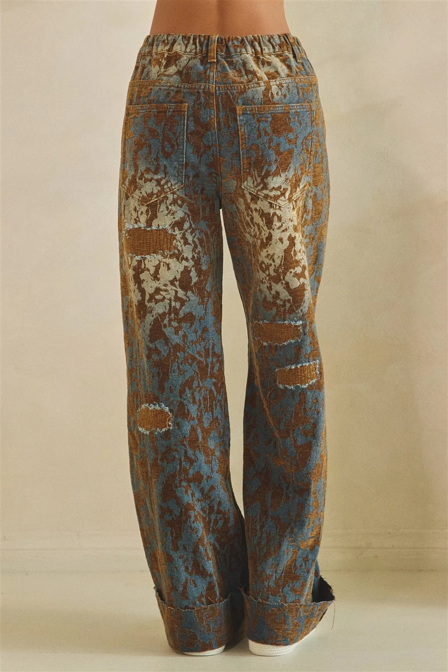 Burn Out Distressed Wide Leg Brown Denim Pants with Mineral Wash Detail & Elastic Waist