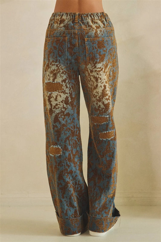 Burn Out Distressed Wide Leg Brown Denim Pants with Mineral Wash Detail & Elastic Waist