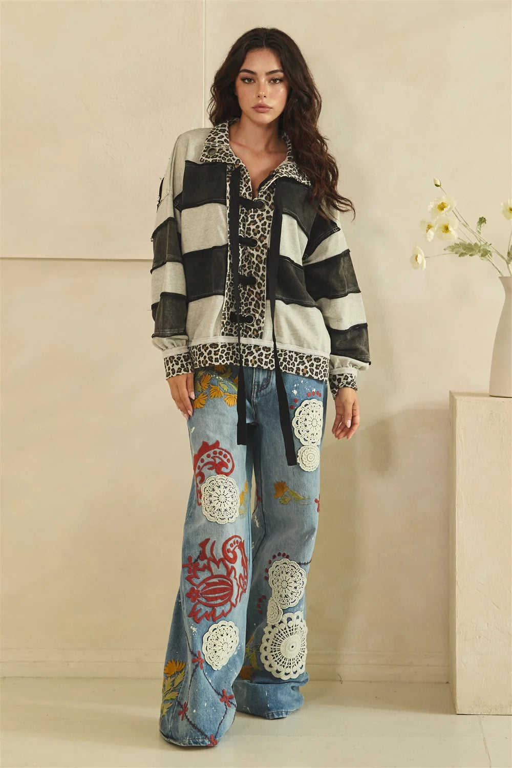 Oversized Black & Grey Striped Animal Print Lace-Up Top | Mixed Print Boutique Pullover