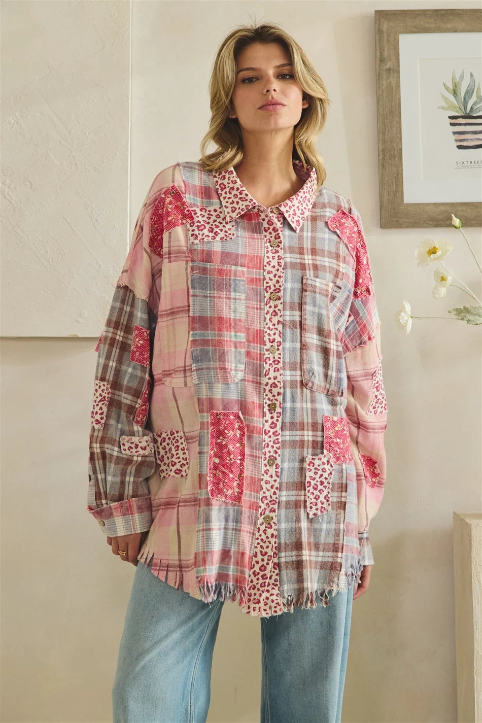 Distressed Patchwork Plaid & Leopard Print Top | Women's Mixed Print Boutique Shirt