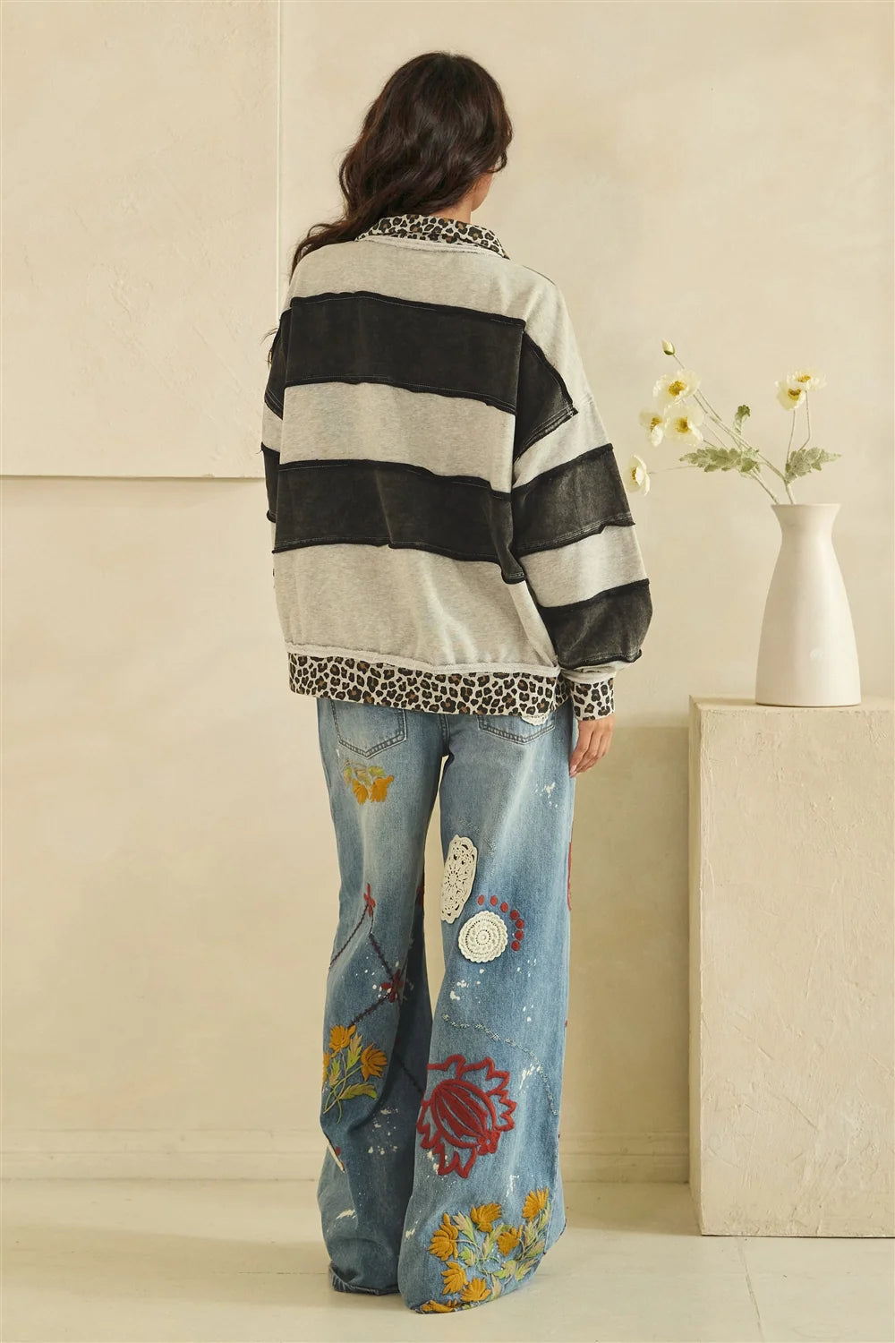 Oversized Black & Grey Striped Animal Print Lace-Up Top | Mixed Print Boutique Pullover