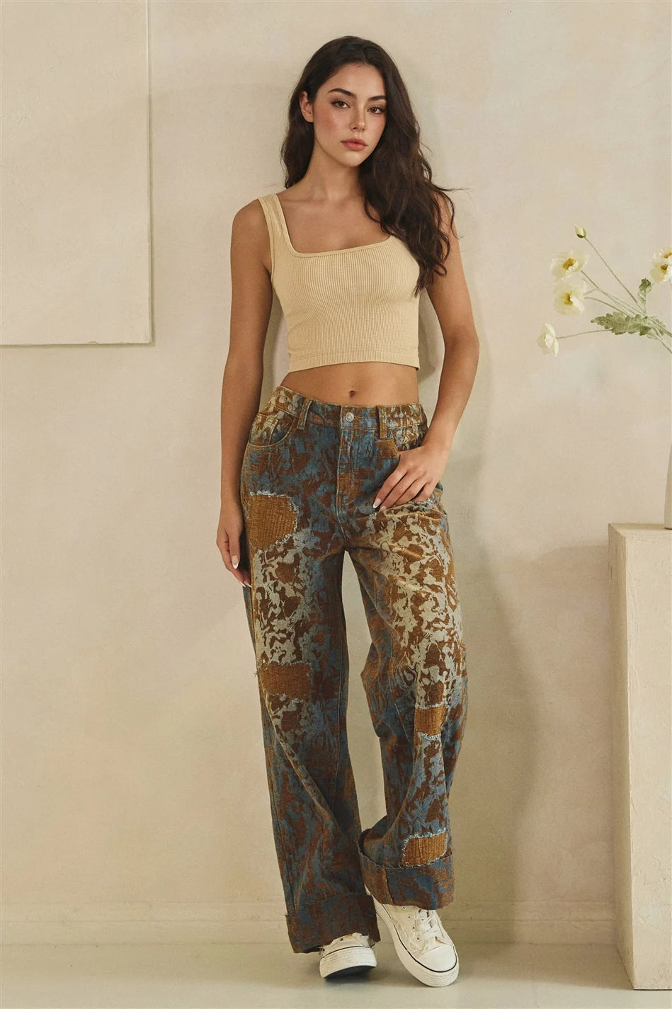 Burn Out Distressed Wide Leg Brown Denim Pants with Mineral Wash Detail & Elastic Waist