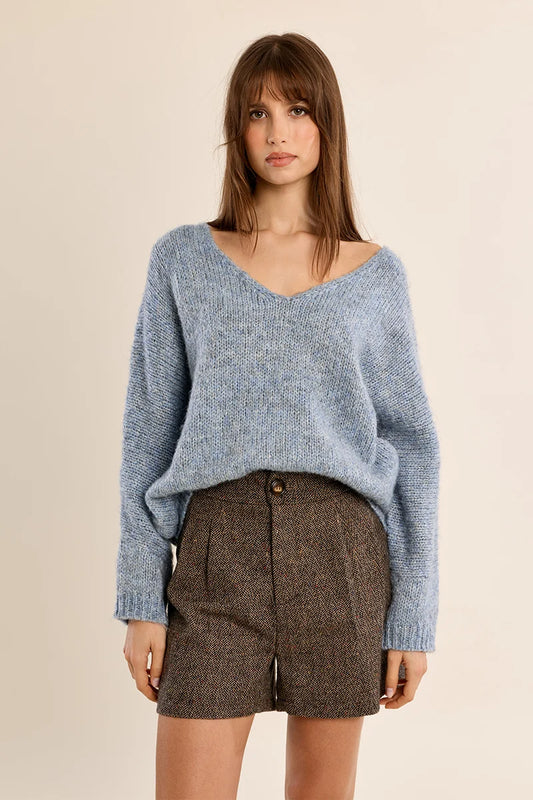 Denim Blue Soft Oversized V-Neck Sweater