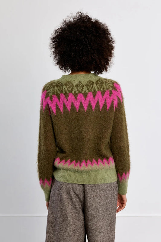 Olive & Pink Geometric Pattern Knit Sweater
