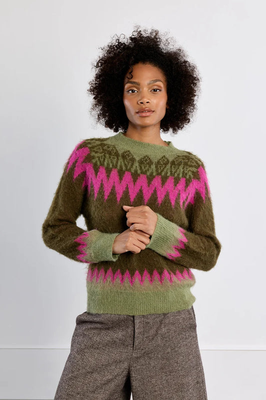 Olive & Pink Geometric Pattern Knit Sweater