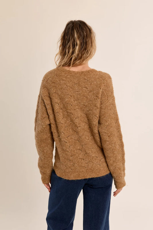 Camel Textured Knit Crewneck Sweater