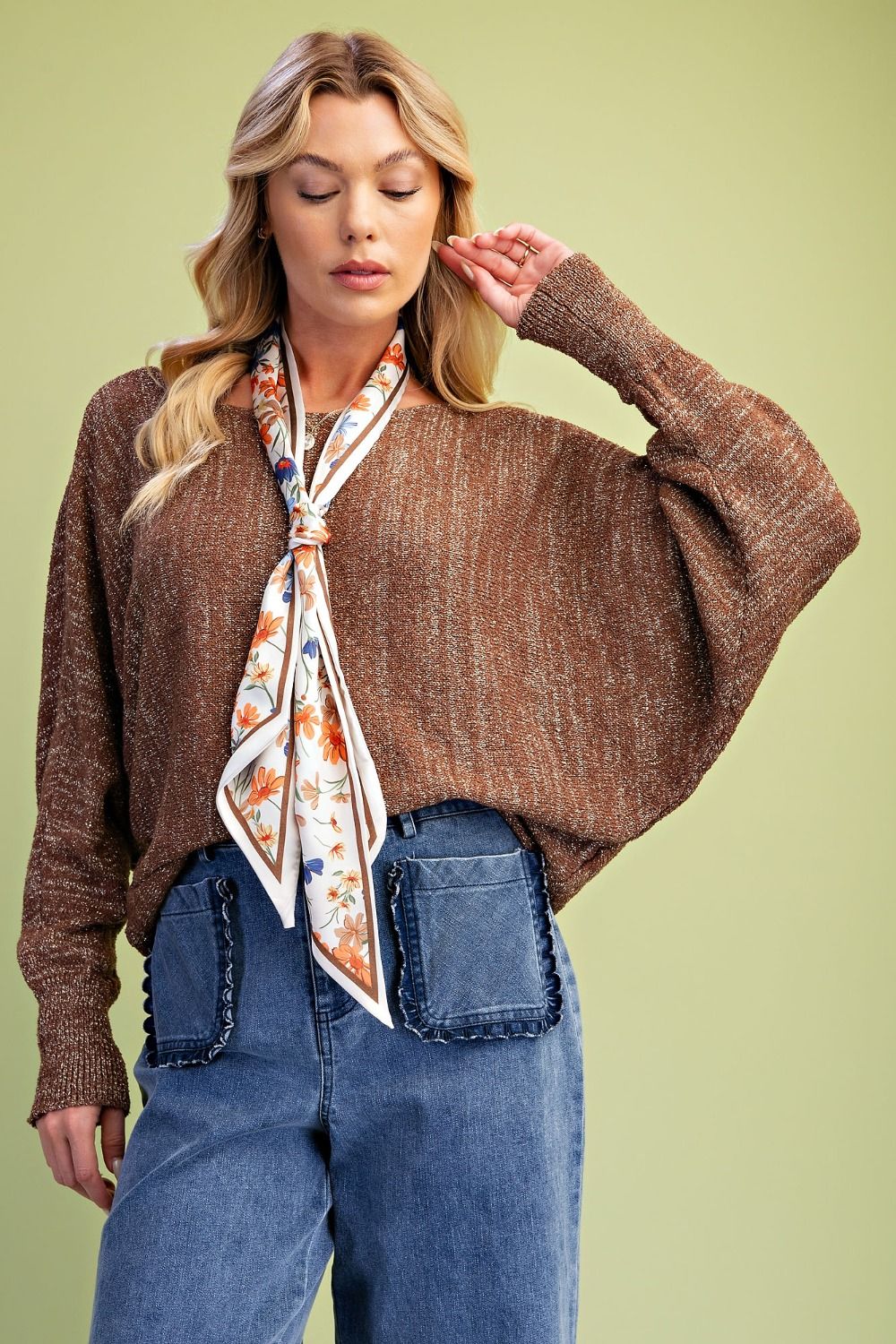 Metallic Shimmer Boat Neck Sweater | Lightweight Dolman Top