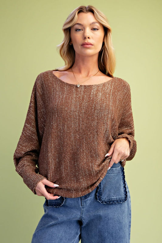 Metallic Shimmer Boat Neck Sweater | Lightweight Dolman Top