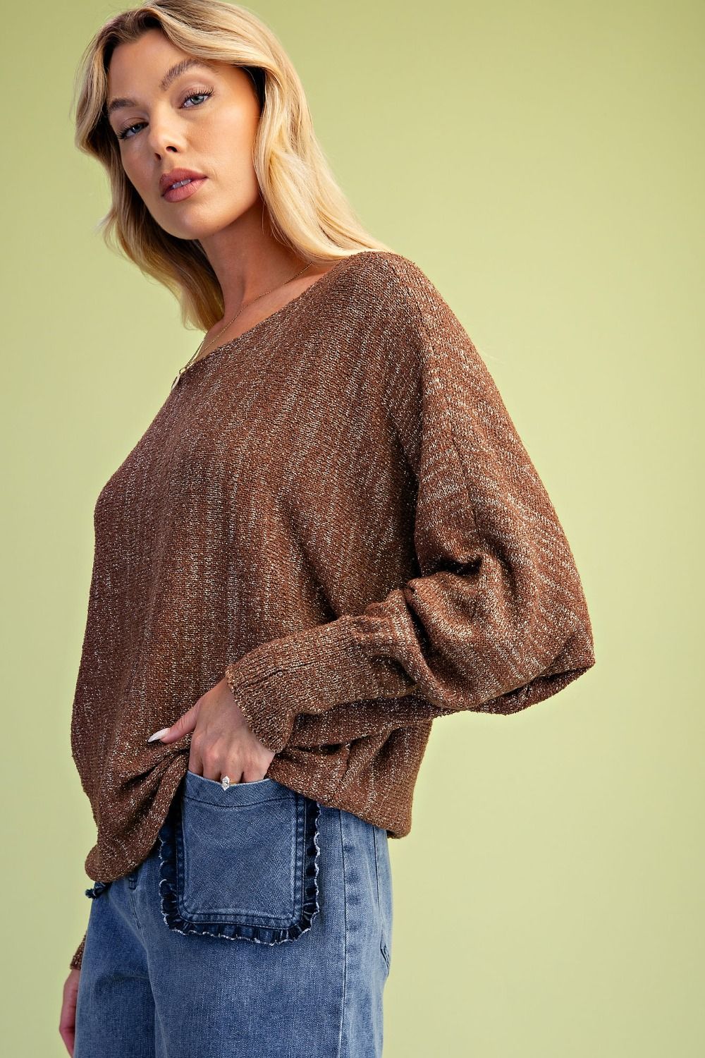 Metallic Shimmer Boat Neck Sweater | Lightweight Dolman Top