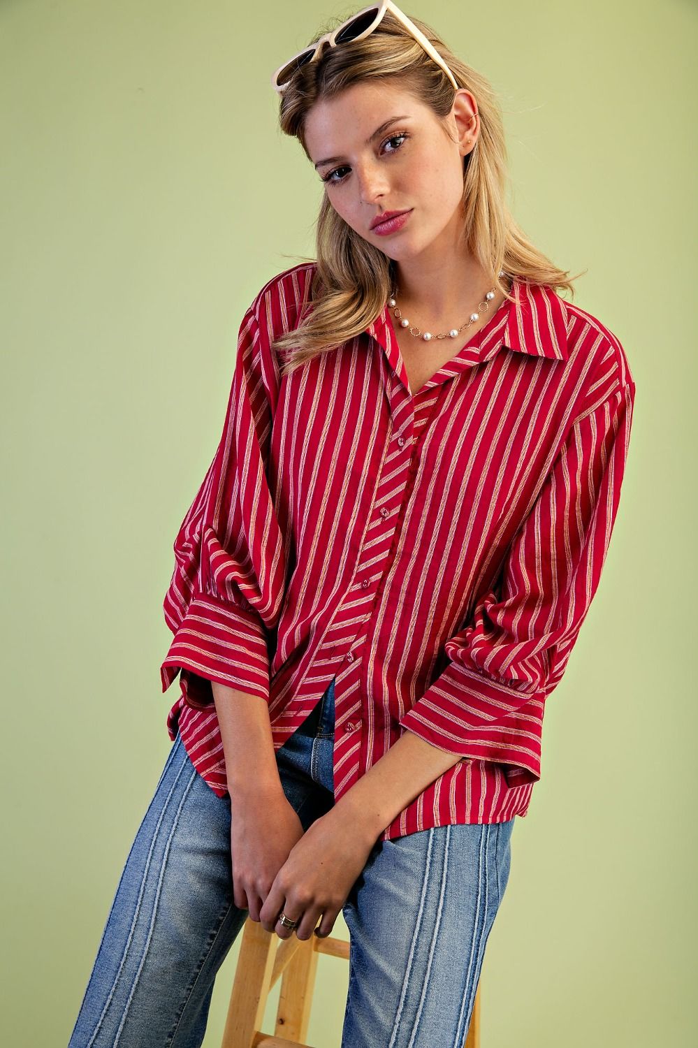Women's Red Multicolor Striped Button Down Shirt – Relaxed Fit