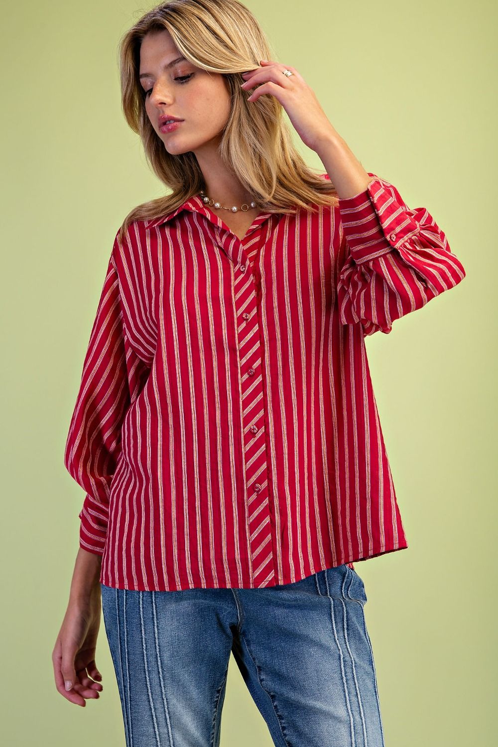 Women's Red Multicolor Striped Button Down Shirt – Relaxed Fit