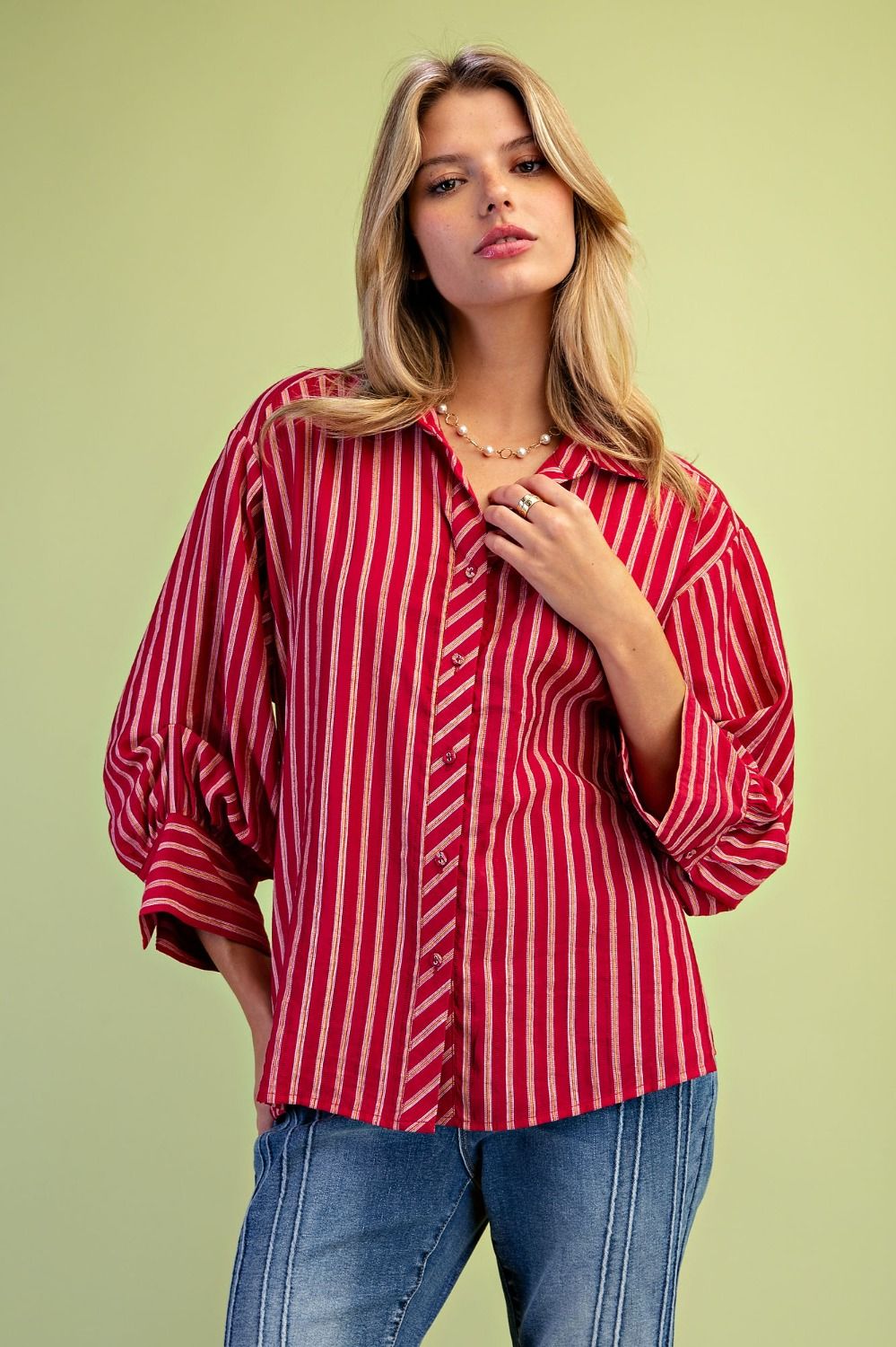 Women's Red Multicolor Striped Button Down Shirt – Relaxed Fit
