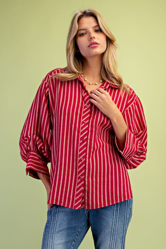 Women's Red Multicolor Striped Button Down Shirt – Relaxed Fit