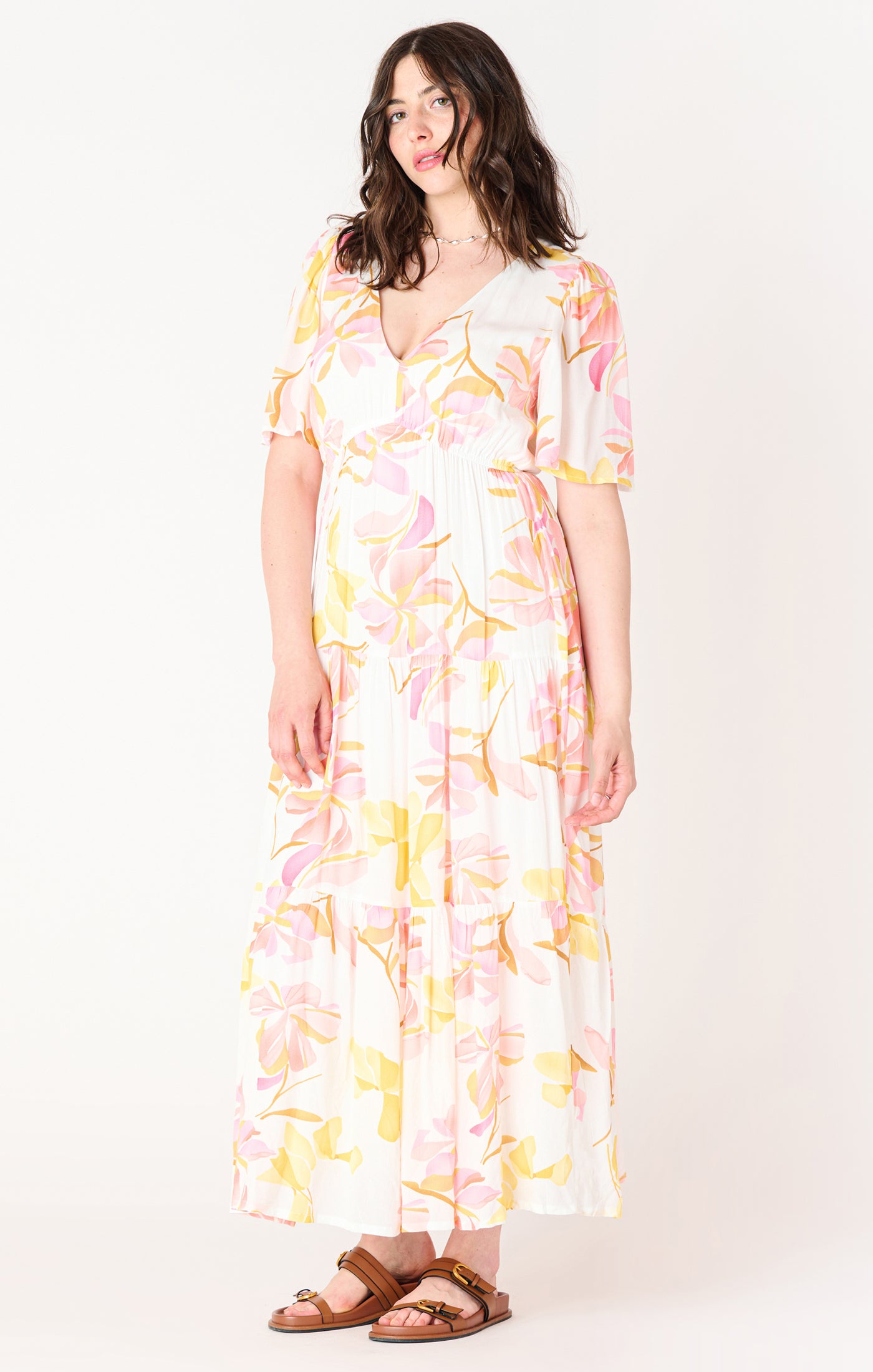 Summer Floral Flutter Sleeve Tiered Maxi Dress