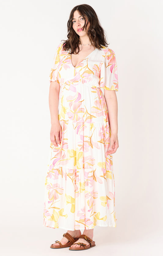 Summer Floral Flutter Sleeve Tiered Maxi Dress