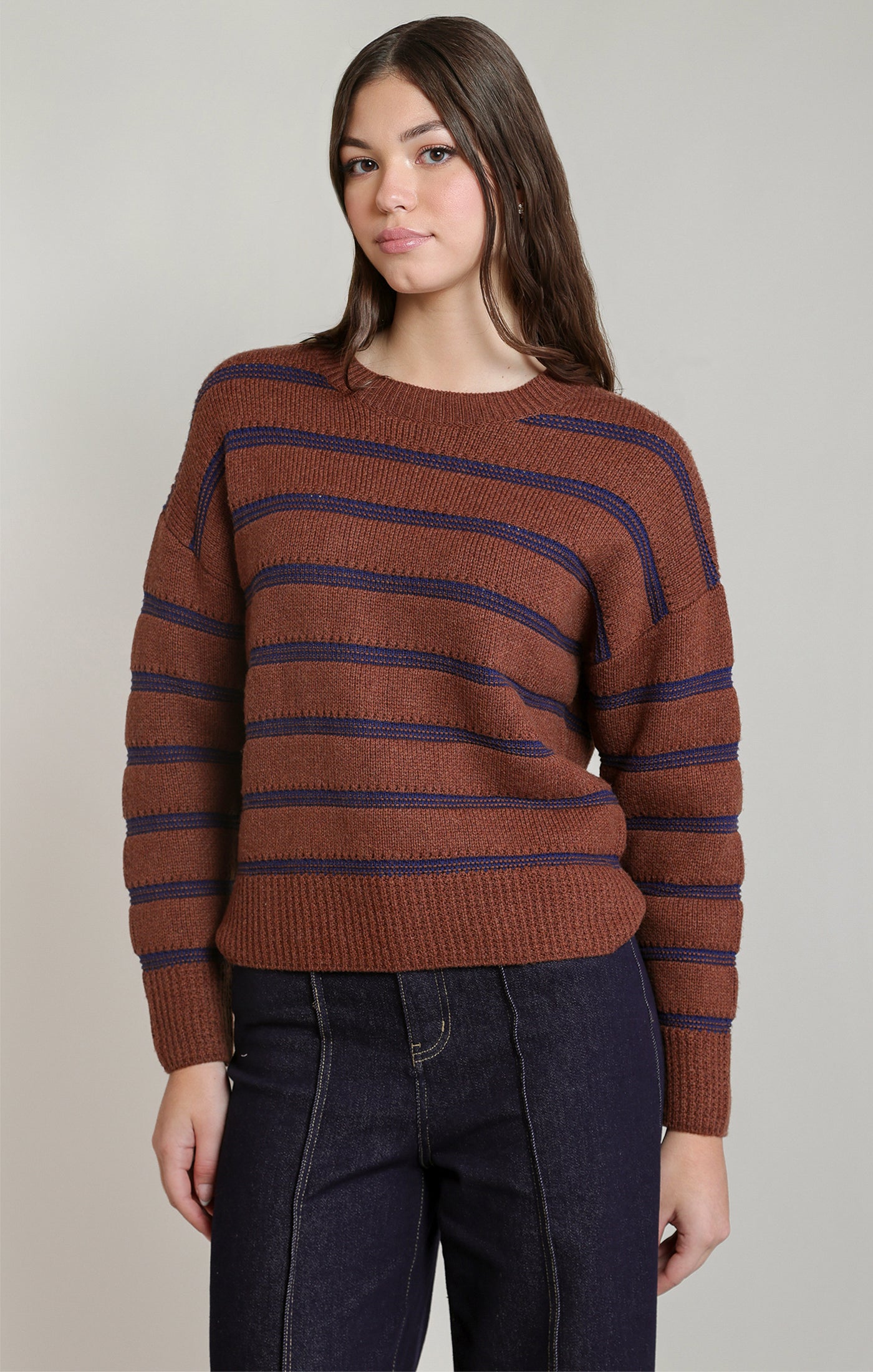 Rustic Brown & Navy Striped Crewneck Sweater | Soft Casual Women's Top